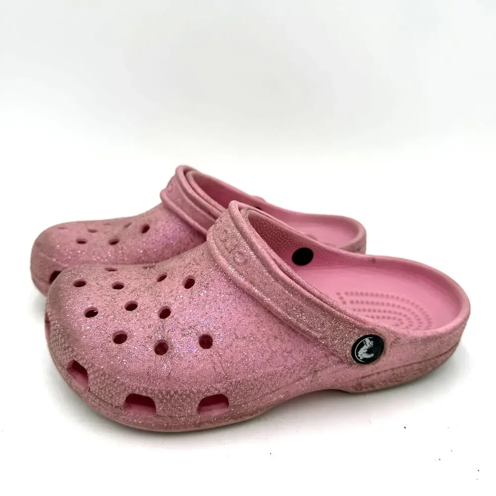 Crocs Youth Kids Pink Classic Glitter Clogs Sandals Size 2
